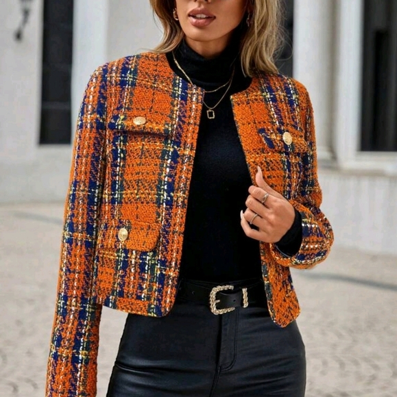 Jackets & Blazers - Autumn Casual Plaid Cropped Woolen Jacket